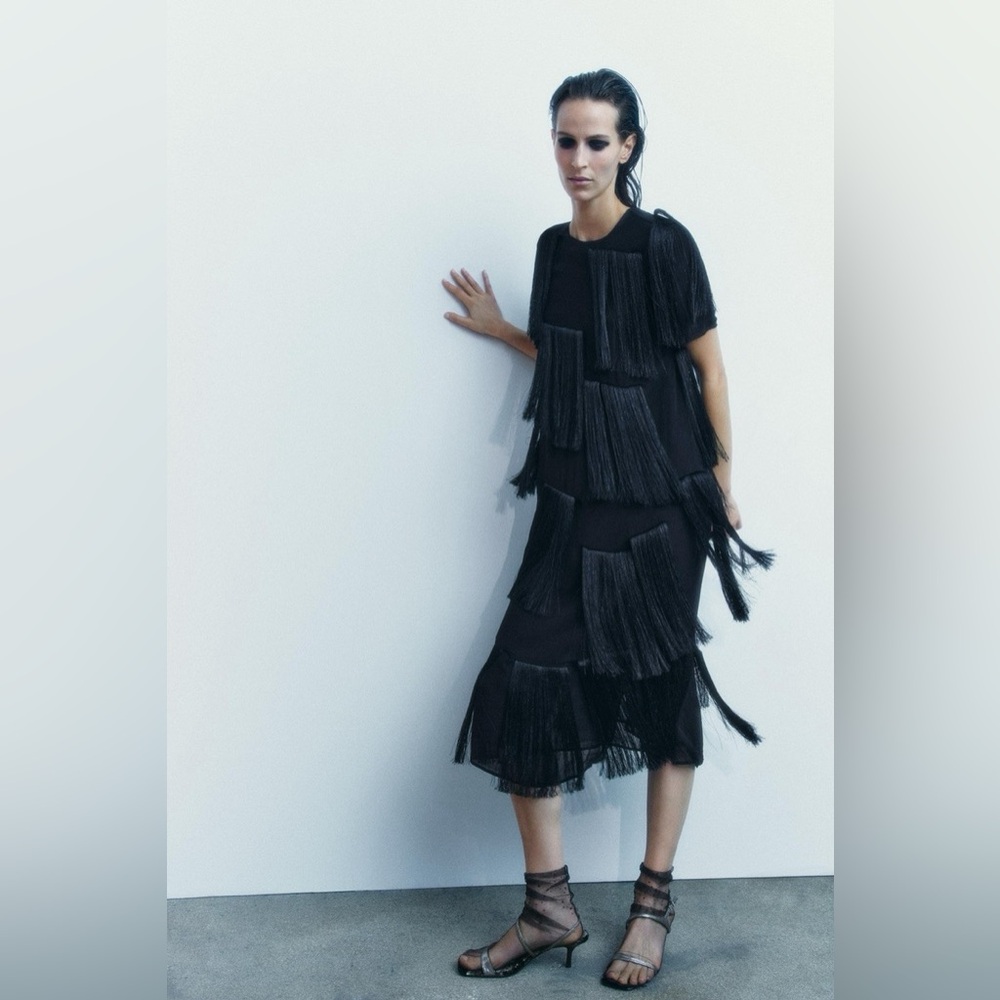 Zara Collection fringe black midi dress sz.XS